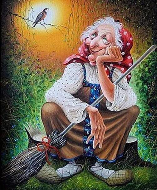 Alte Hexe mit Besen. - Diamond Painting