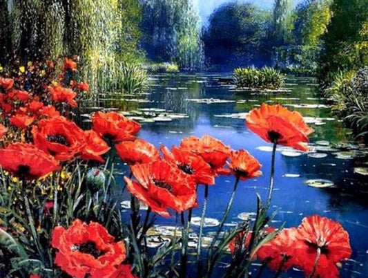 Mohnblumen am See - Diamond Painting