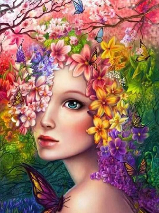 Hübsches Mädchen mit Blumen auf dem Kopf - Diamond Painting