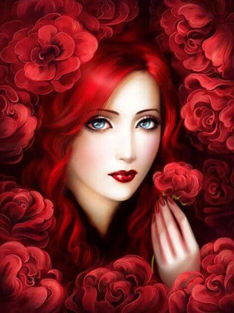 Rote Blumen & wunderschöne Dame - Diamond Painting