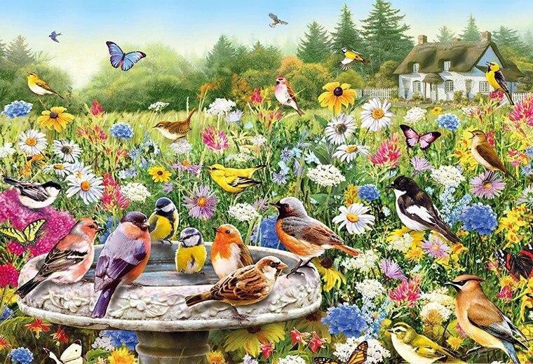 Süße Vögel im Blumengarten - Diamond Painting