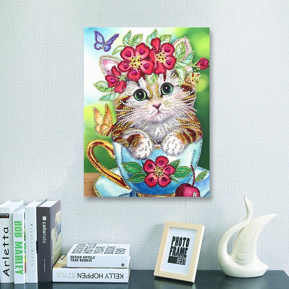 Süße Katze mit Blumen - Spezial Diamond Painting - Diamond Painting