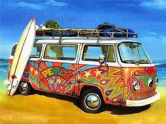 Bunter Oldtimer Volkswagen Minibus – Farbe mit Diamanten - Diamond Painting