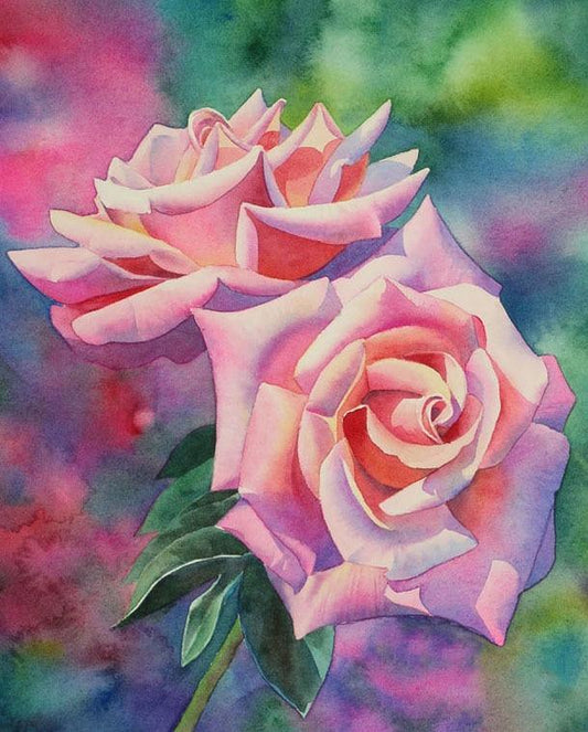 Rosa Rosen u. Grüne Blätter DIY Malerei - Diamond Painting