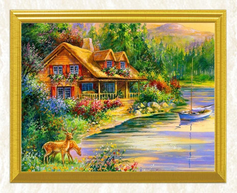 Schönes Haus am Fluss - Diamond Painting